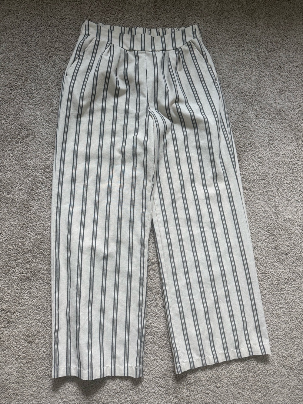 Striped Wide-Leg Linen Blend Womens Pants - White with Black Stripes